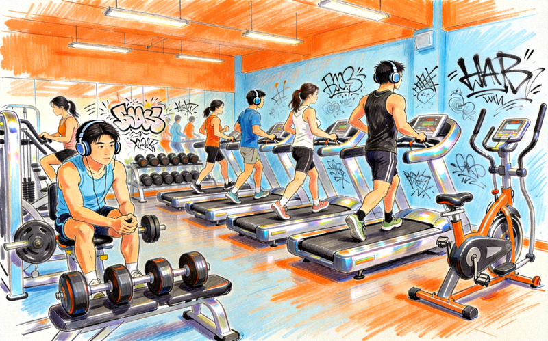 现代健身房健身场景手绘 - 年轻人在潮流健身房内使用器械锻炼